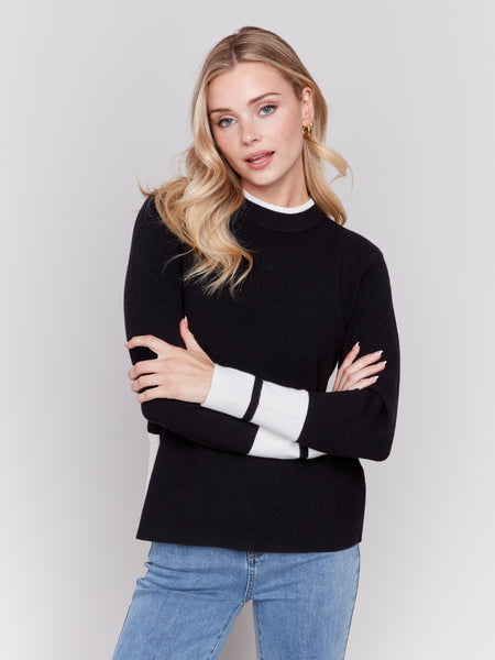 CHARLIE B C2740 PLUSHY KNIT CREW NECK SWEATER WITH SLIT