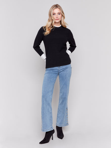 CHARLIE B C2740 PLUSHY KNIT CREW NECK SWEATER WITH SLIT