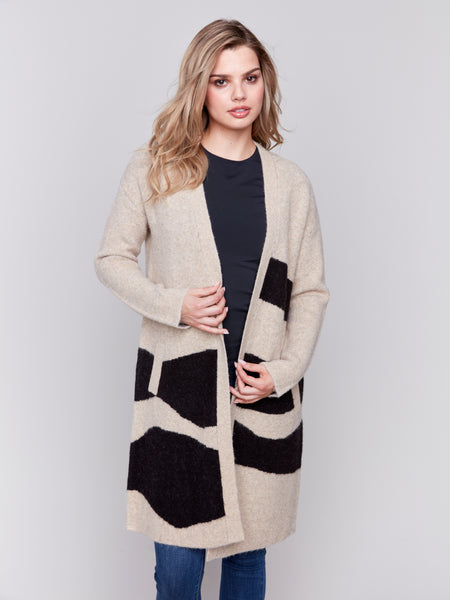 CHARLIE B C2751 JACQUARD LONG CARDIGAN WITH SELF BELT