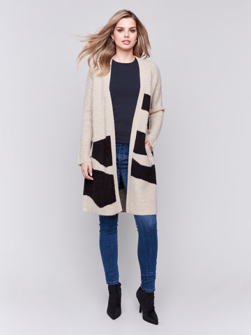 CHARLIE B C2751 JACQUARD LONG CARDIGAN WITH SELF BELT