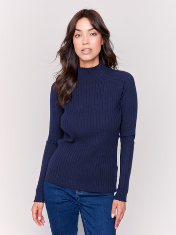 CHARLIE B C2754 BASIC RIBBED KNIT MOCK NECK SWEATER- 5 COLOURS