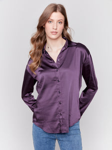 CHARLIE B C4489R SOLID GUTSY SATIN BUTTON DOWN SHIRT- 2 COLOURS