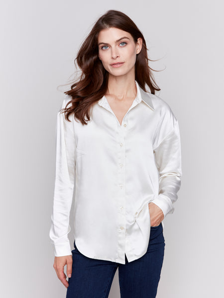 CHARLIE B C4489R SOLID GUTSY SATIN BUTTON DOWN SHIRT- 2 COLOURS