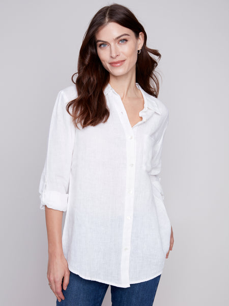 CHARLIE B C4542 LONG LINEN SHIRT WITH PATCH POCKETS- 2 COLOURS