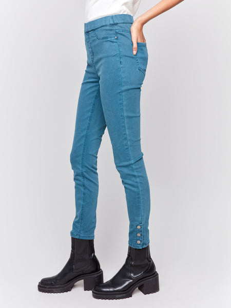 CHARLIE B C5302X STRETCH TWILL PULL-ON PANT WITH SNAP HEM DETAIL- 2 COLOURS