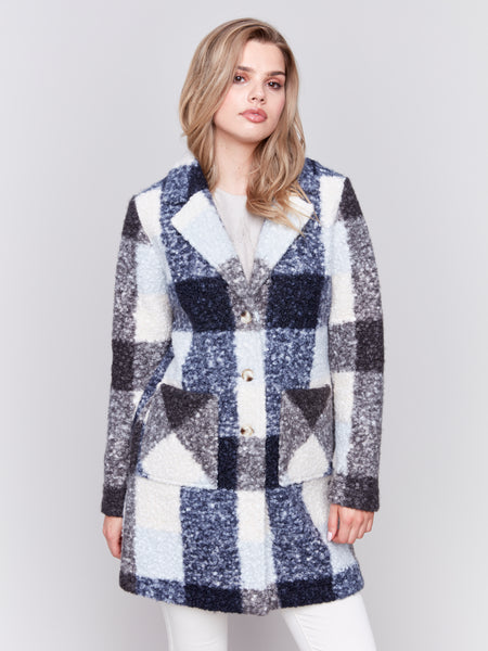 CHARLIE B C6141Y BOUCLE KNIT PLAID COAT