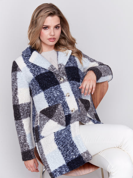 CHARLIE B C6141Y BOUCLE KNIT PLAID COAT