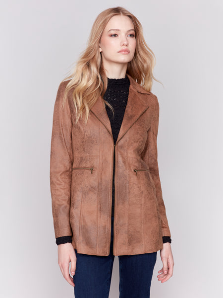 CHARLIE B C6270R VINTAGE TEXTURE FAUX SUEDE LONG JACKET- 2 COLOURS