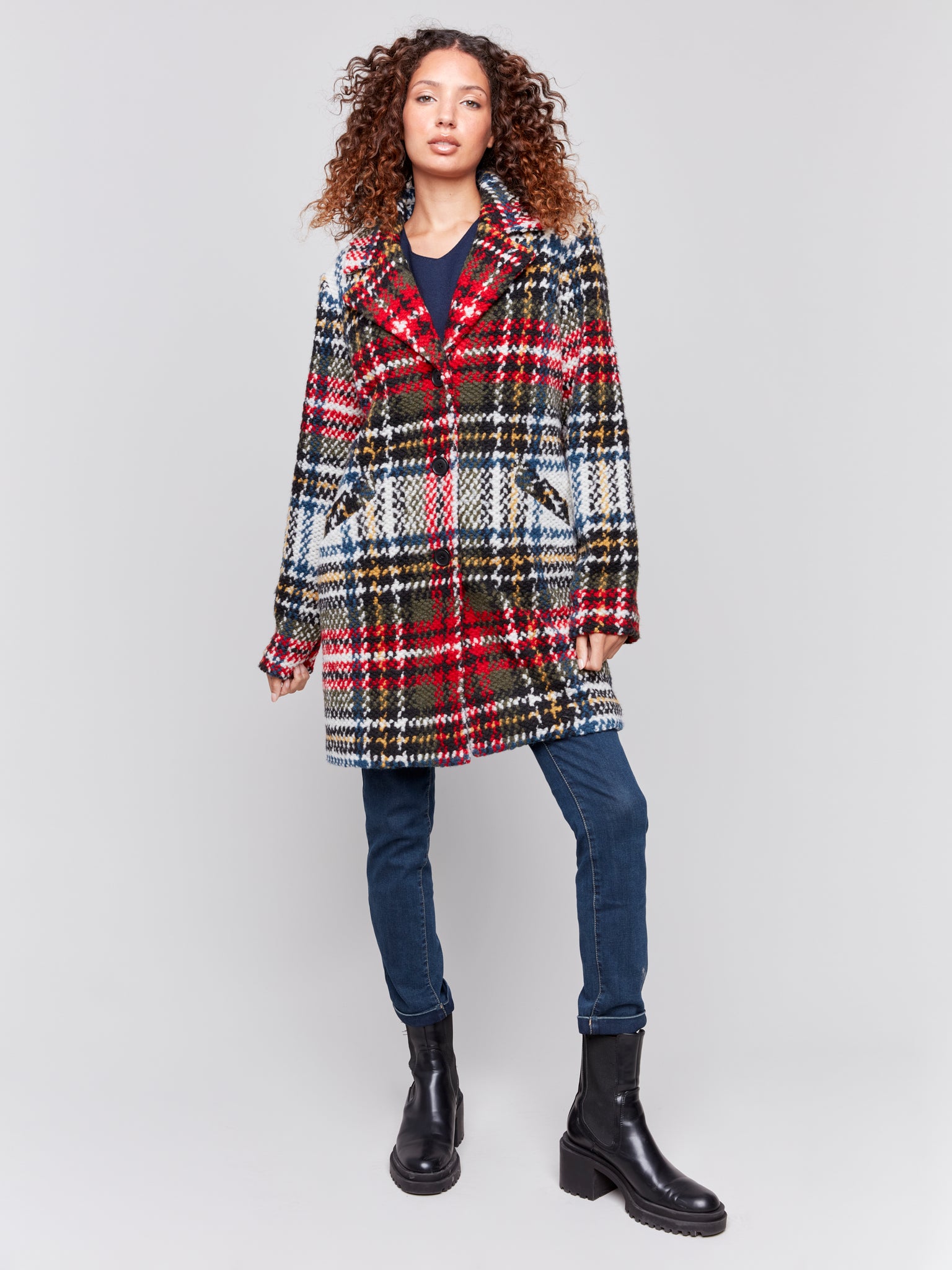 CHARLIE B C6276R STRAIGHT CUT PLAID BOUCLE COAT