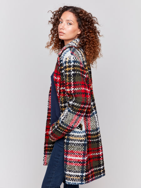 CHARLIE B C6276R STRAIGHT CUT PLAID BOUCLE COAT