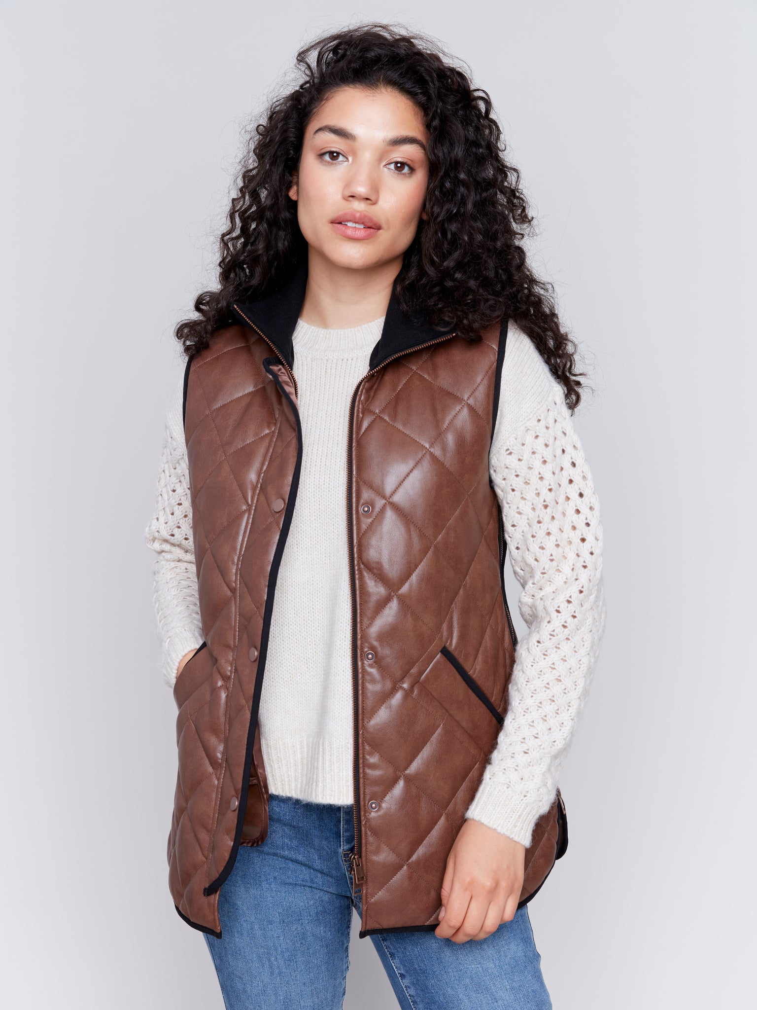 CHARLIE B C6321 LONG QUILTED LEATHER VEST