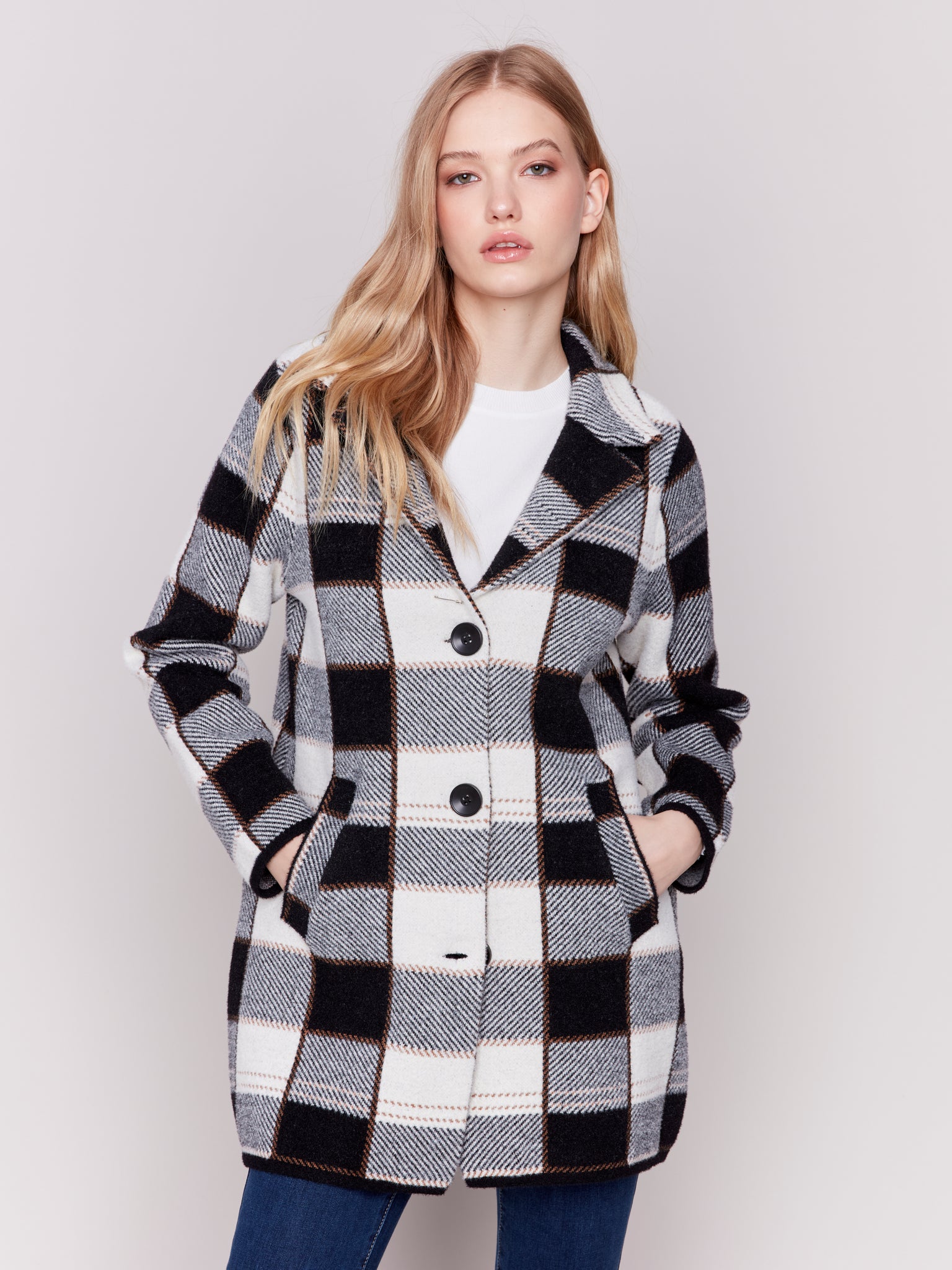 CHARLIE B C6327 KNIT PLAID COAT