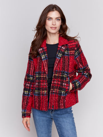 CHARLIE B C6334 PLAID SHORT BOUCLE MOTO JACKET