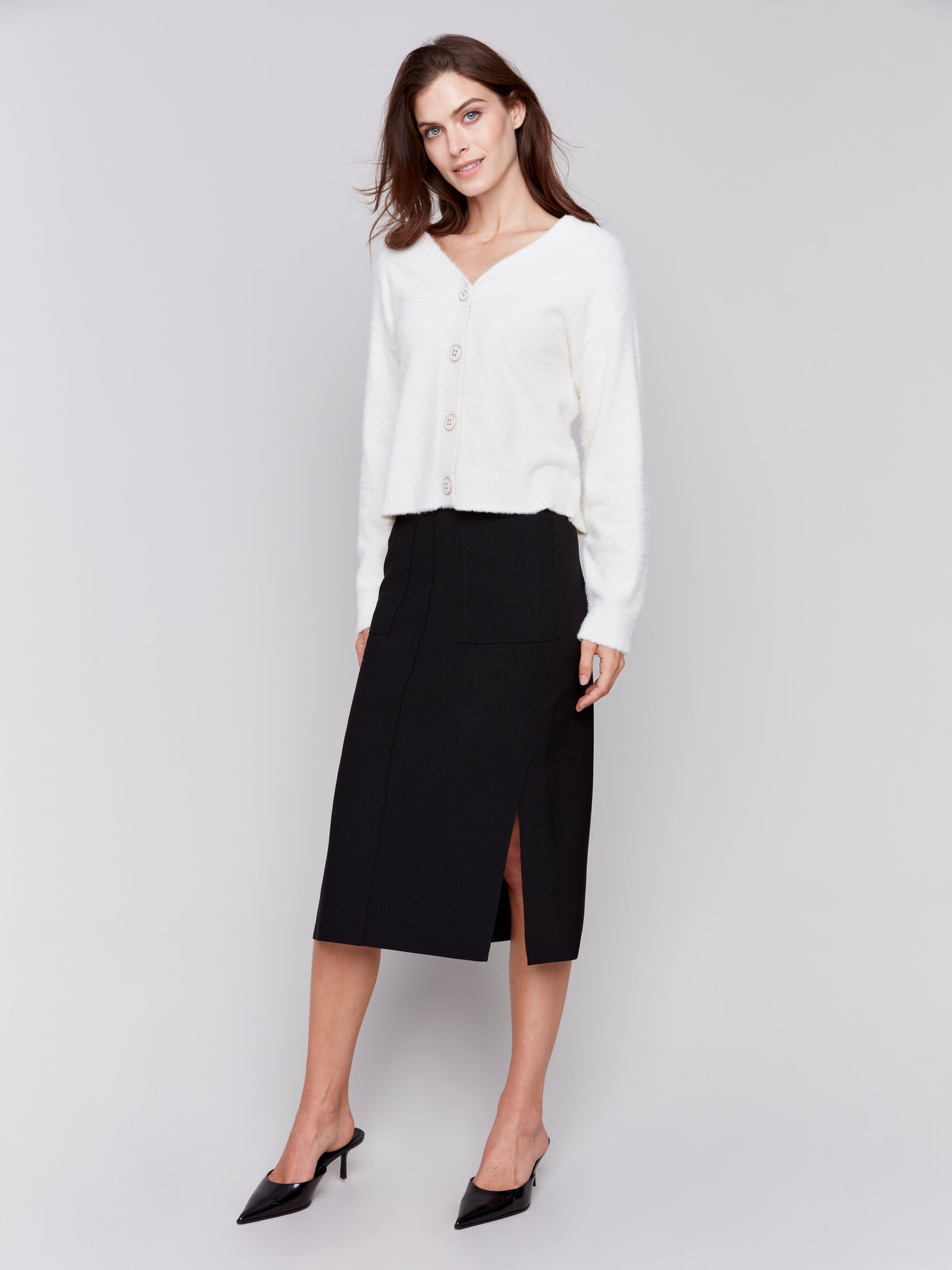 CHARLIE B C7076 GUTSY CREPE SKIRT WITH FRONT PATCH POCKET