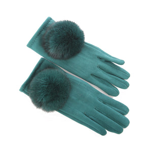 SiMl LADIES GREEN WINTER GLOVES WITH POMPOM 09444