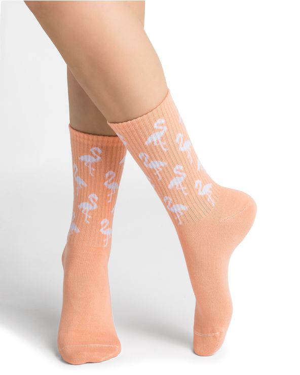 BLEUFORET 6351 Flamingo Pattern Ribbed Mid-Calf Socks Orange